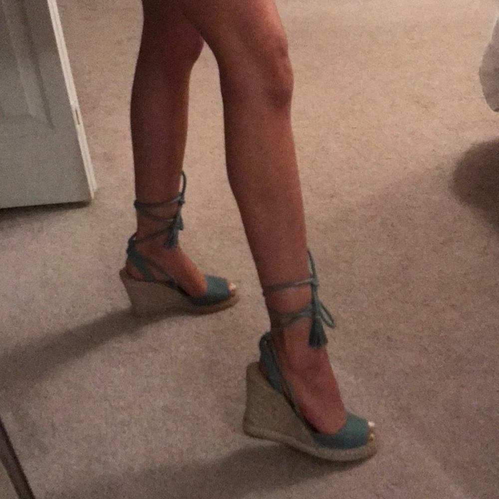 SUPER CUTE DENIM ANKLE WRAP WEDGES